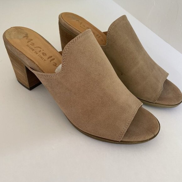 Mariella Sandals Mules Heels Tan Suede Open-Toe Made in Italy Womens Size 8 - Picture 2 of 14
